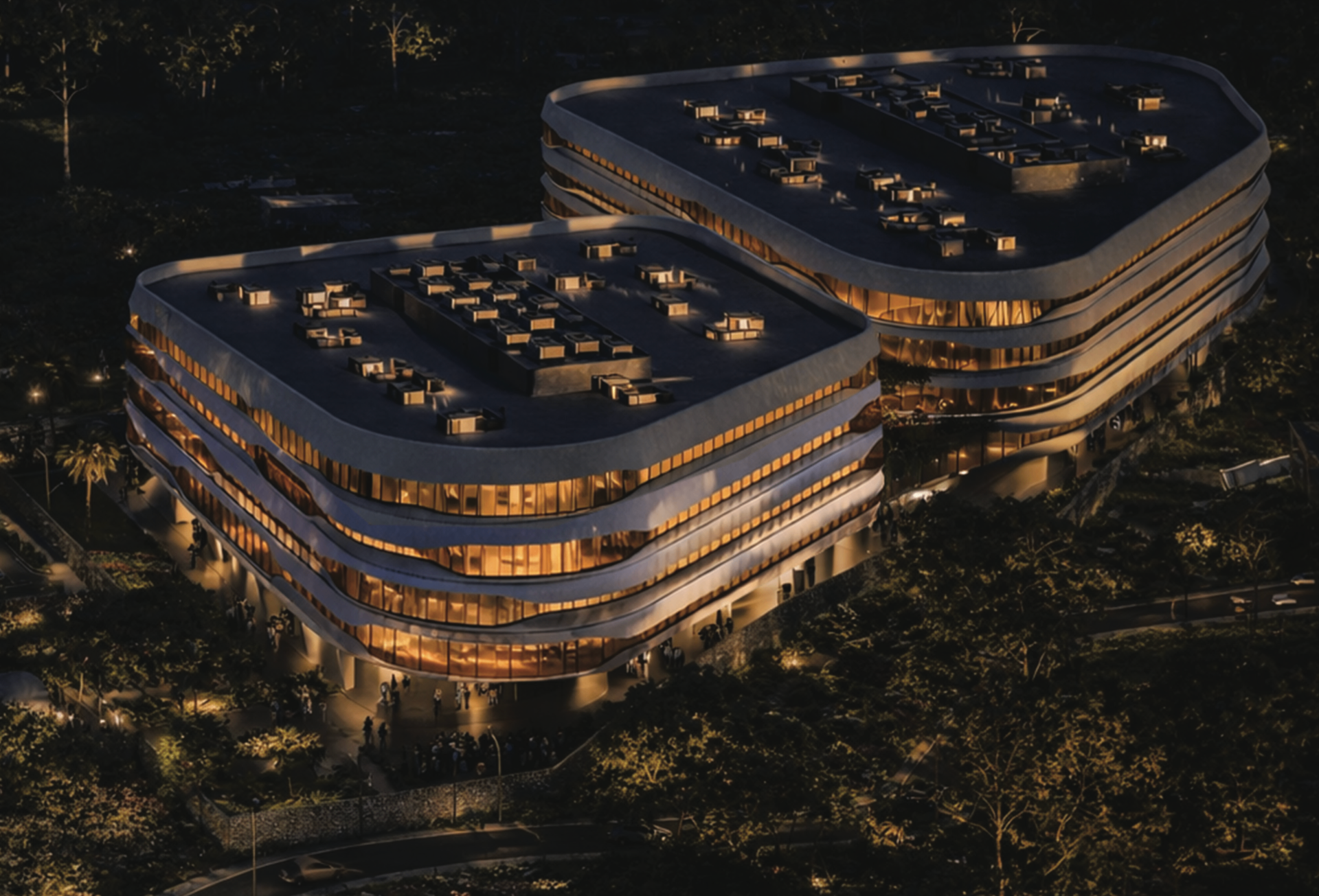 TANNY INFINI Business Park illuminated at night