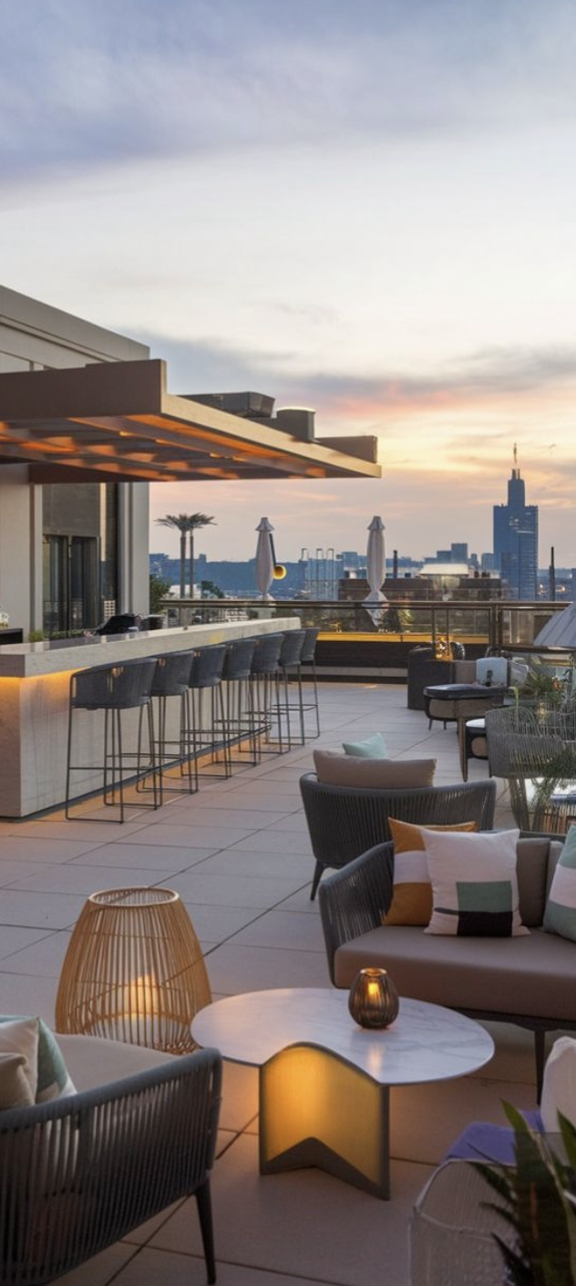 Rooftop lounge at dusk