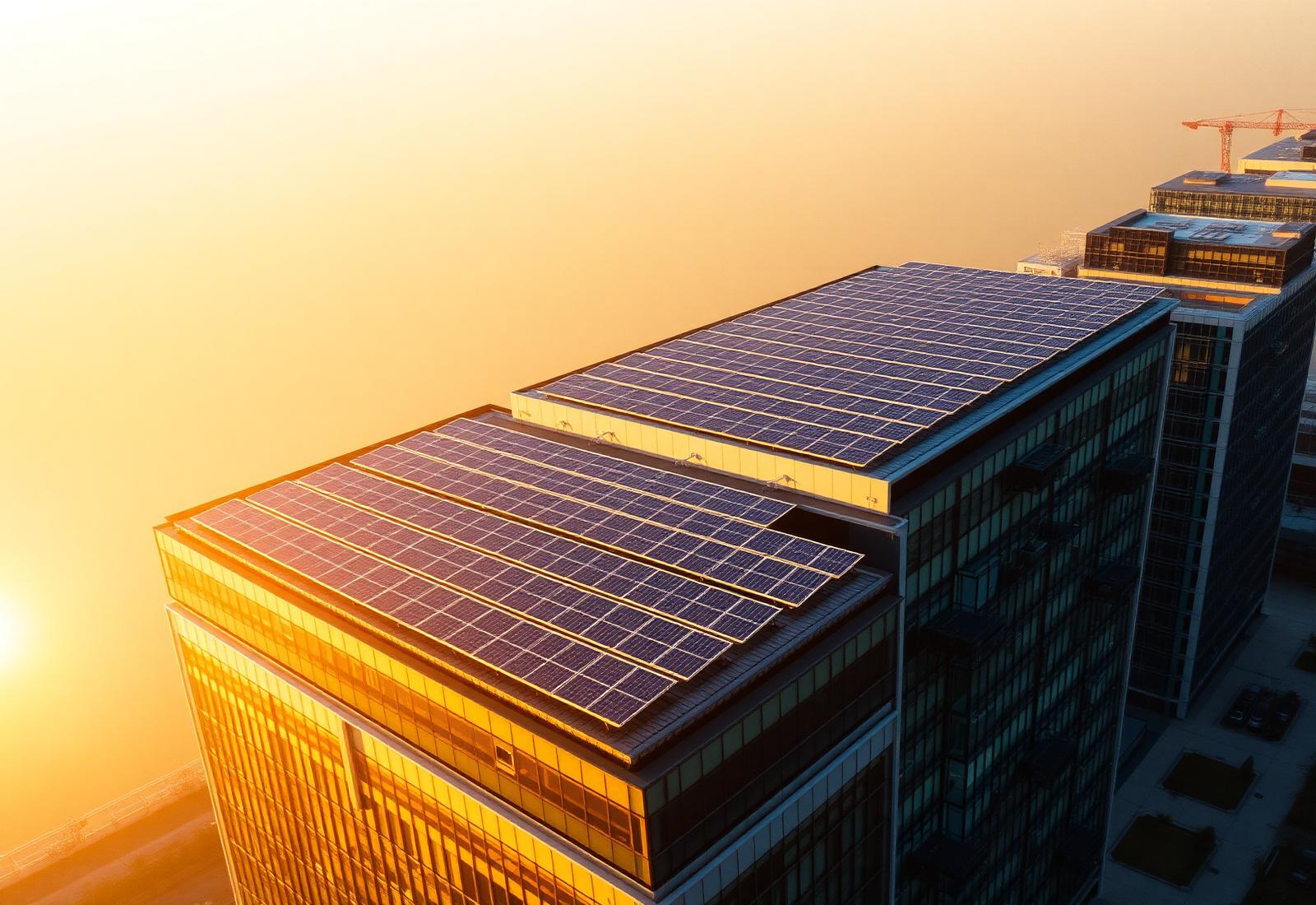 Solar panels on a TANNY campus rooftop at golden hour